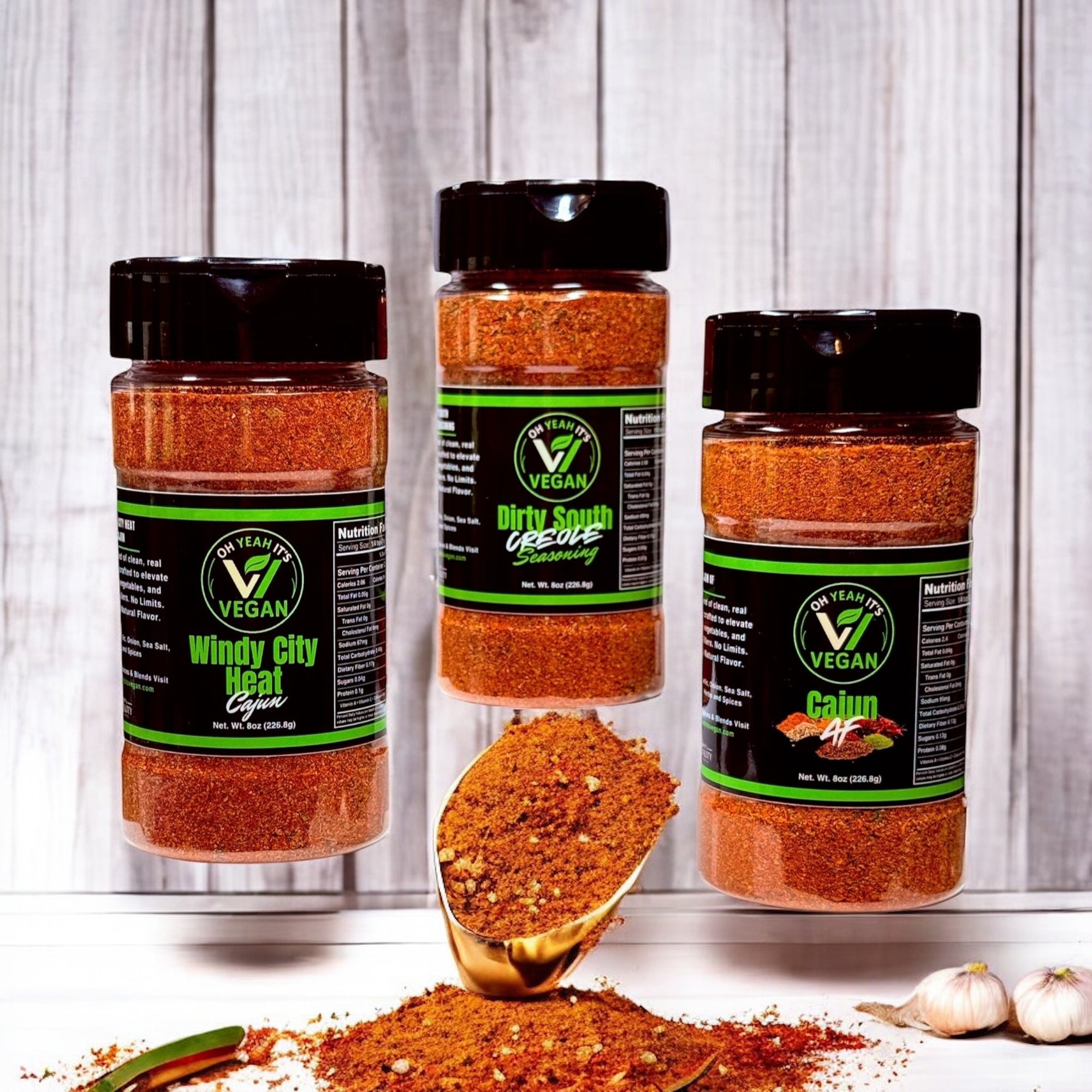 Cajun Heatwave 3-pack of vegan seasonings including Windy City Cajun, Cajun AF, and Dirty South Creole