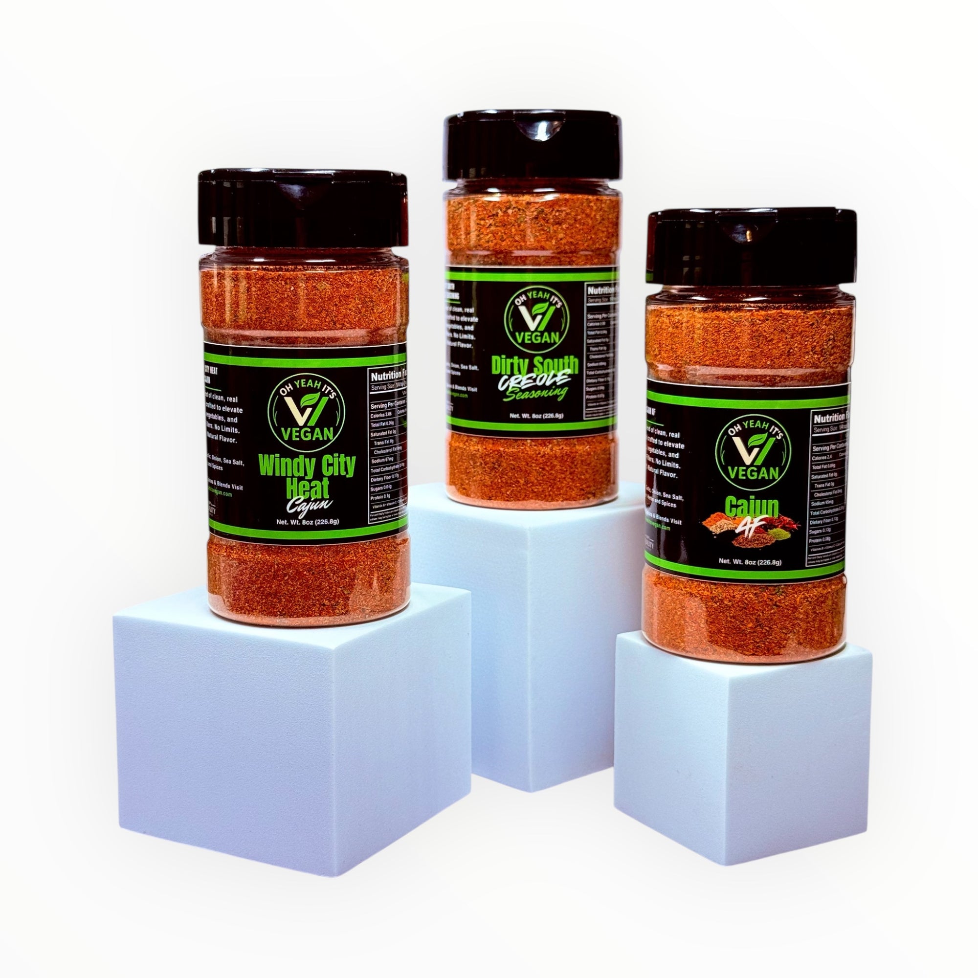 Cajun Heatwave 3-pack of vegan seasonings including Windy City Cajun, Cajun AF, and Dirty South Creole