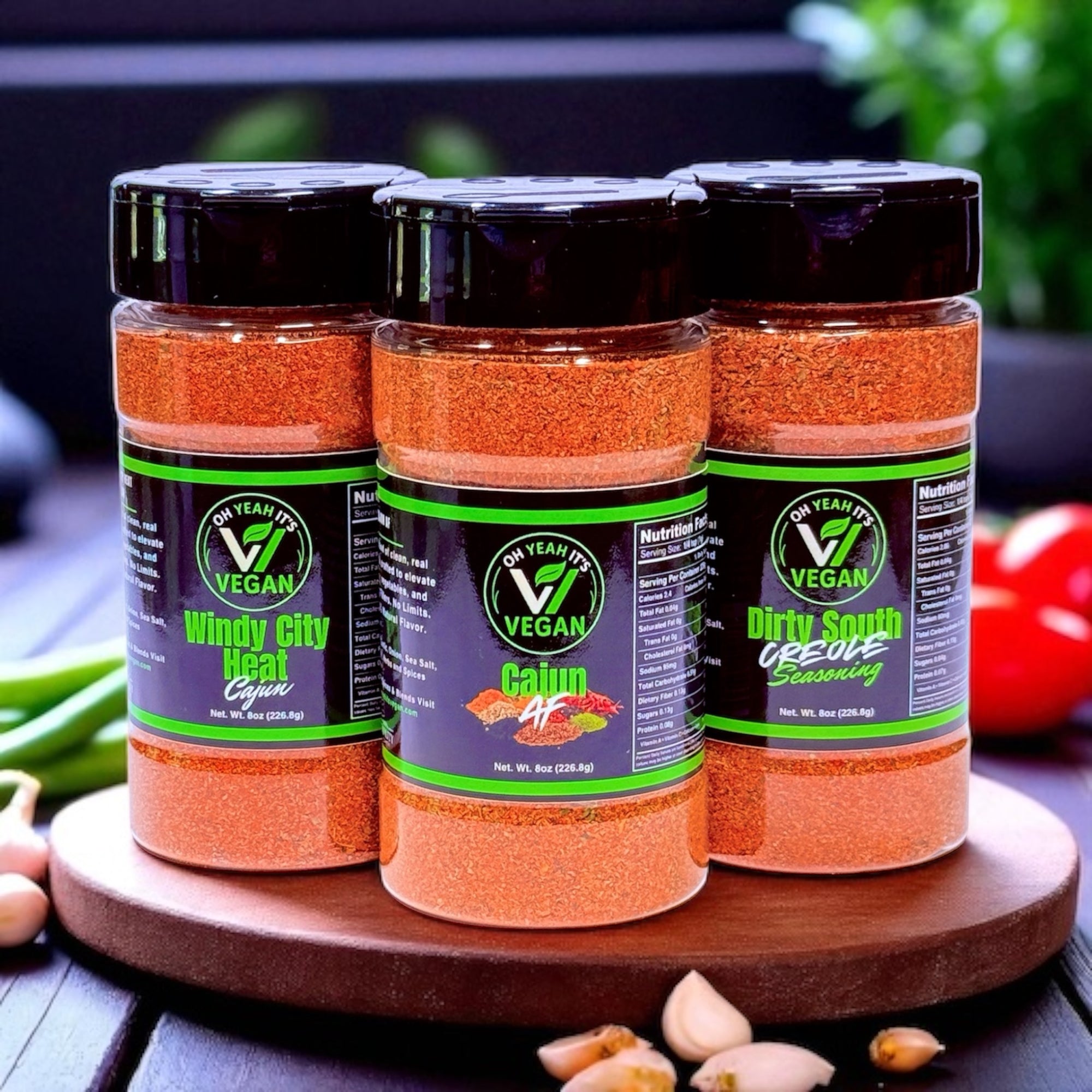 Cajun Heatwave 3-pack of vegan seasonings including Windy City Cajun, Cajun AF, and Dirty South Creole