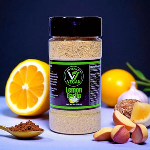 Oh Yeah It’s Vegan® Lemon Garlic Rush seasoning in clear bottle with bold label
