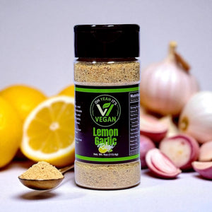 Oh Yeah It’s Vegan® Lemon Garlic Rush seasoning in clear bottle with bold label
