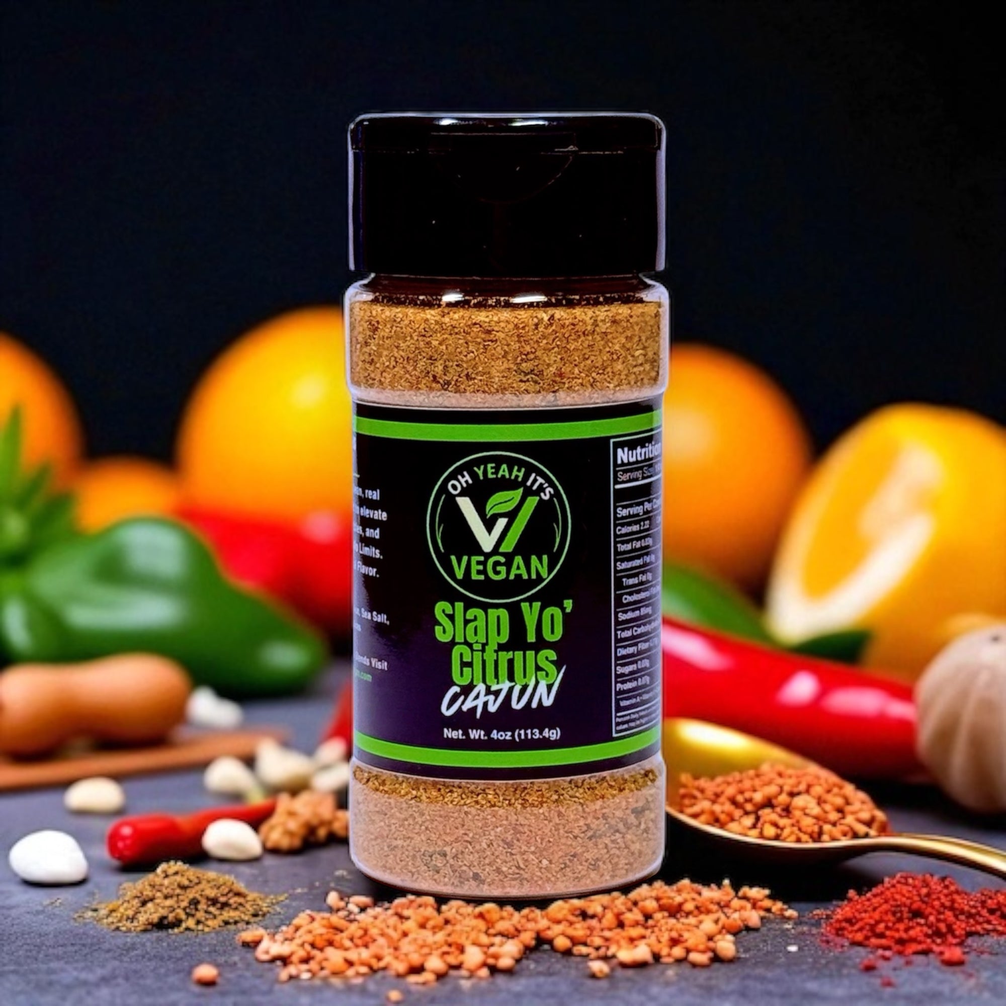 Oh Yeah It’s Vegan® Slap Yo Citrus-Cajun blend in bottle with bold label and vibrant color