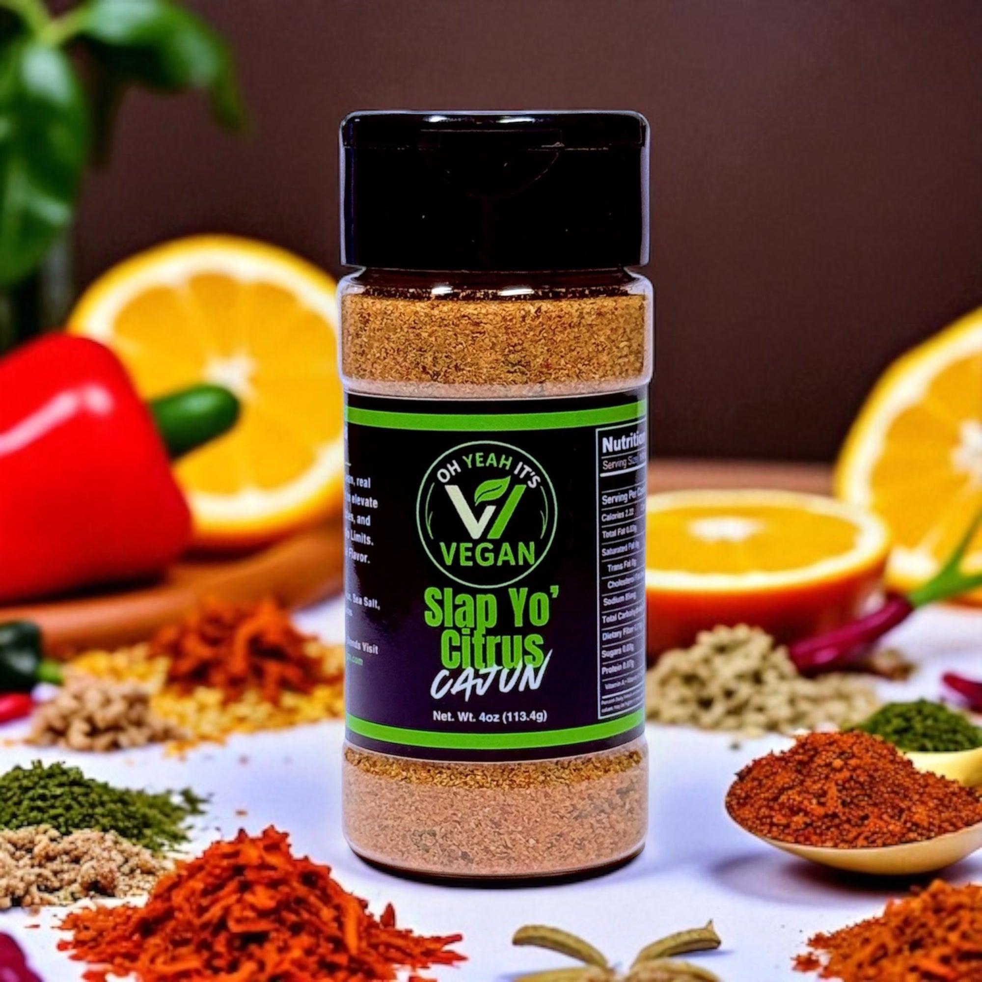 Oh Yeah It’s Vegan® Slap Yo Citrus-Cajun blend in bottle with bold label and vibrant color