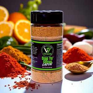 Oh Yeah It’s Vegan® Slap Yo Citrus-Cajun blend in bottle with bold label and vibrant color