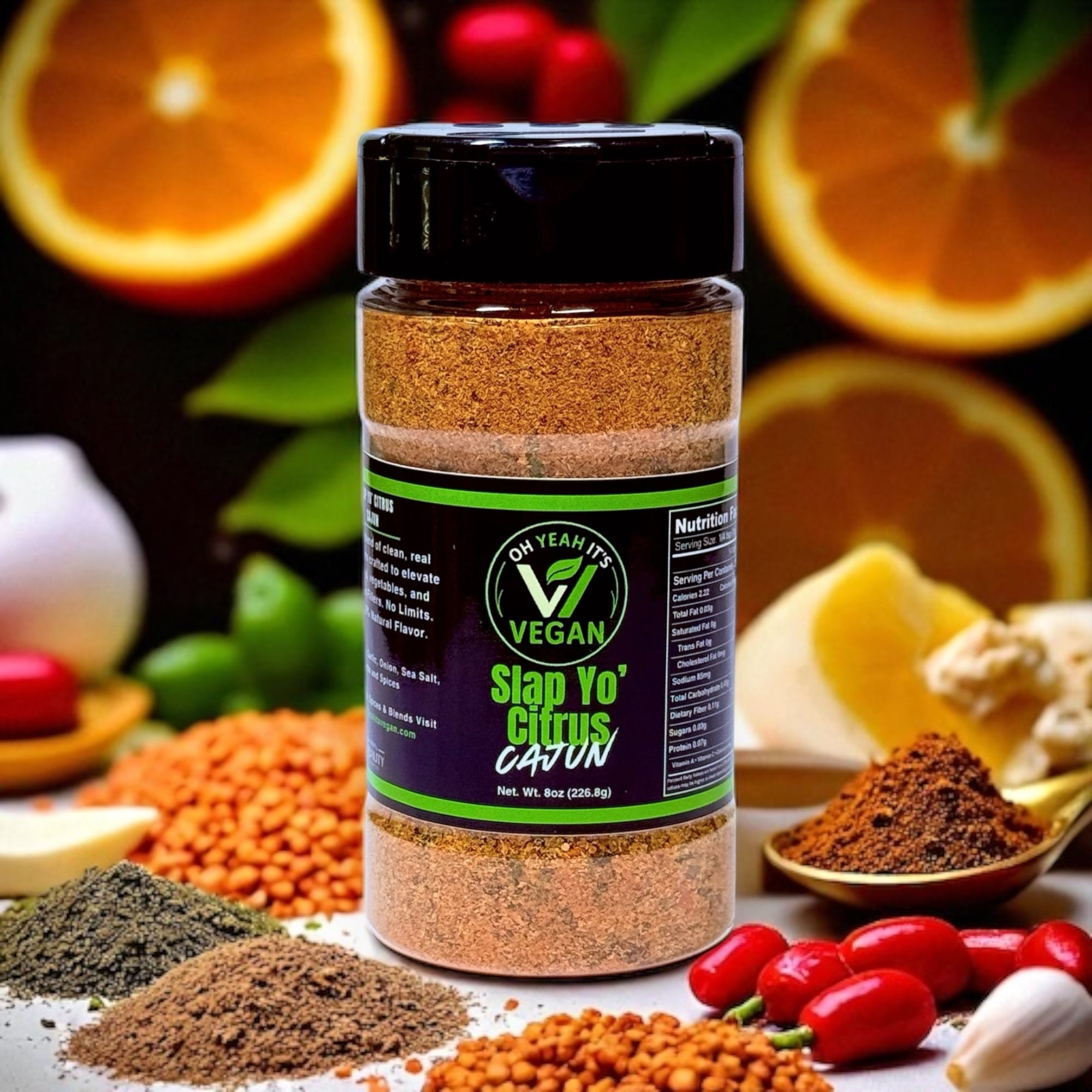 Oh Yeah It’s Vegan® Slap Yo Citrus-Cajun blend in bottle with bold label and vibrant color