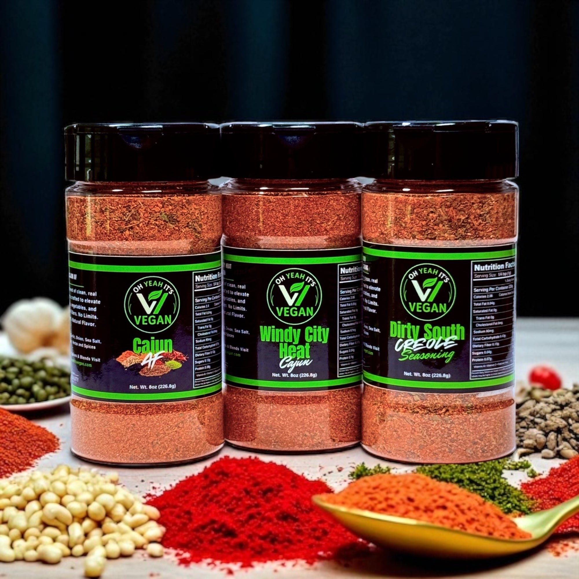 Cajun Heatwave 3-pack of vegan seasonings including Windy City Cajun, Cajun AF, and Dirty South Creole